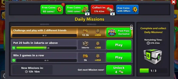 You can get free coins & cash in 8ball pool by completing 8ball pool daily missions